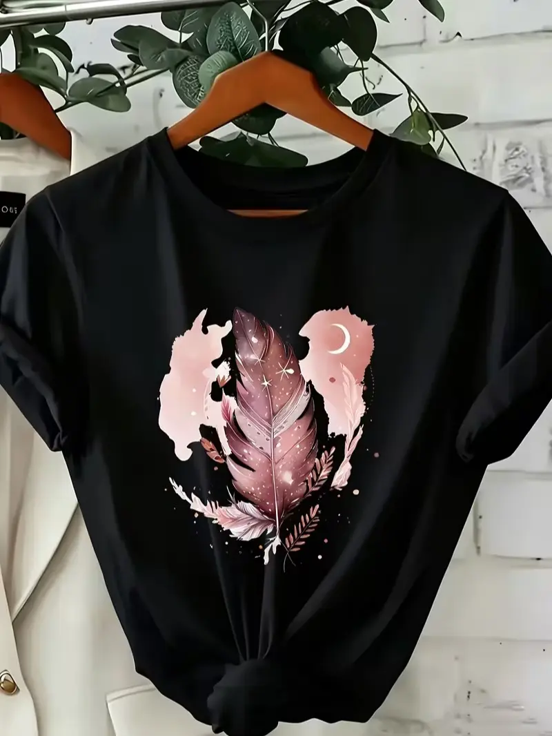New Summer Pink Gradient Pattern Print T-Shirt, Casual Regular Crew Neck Top