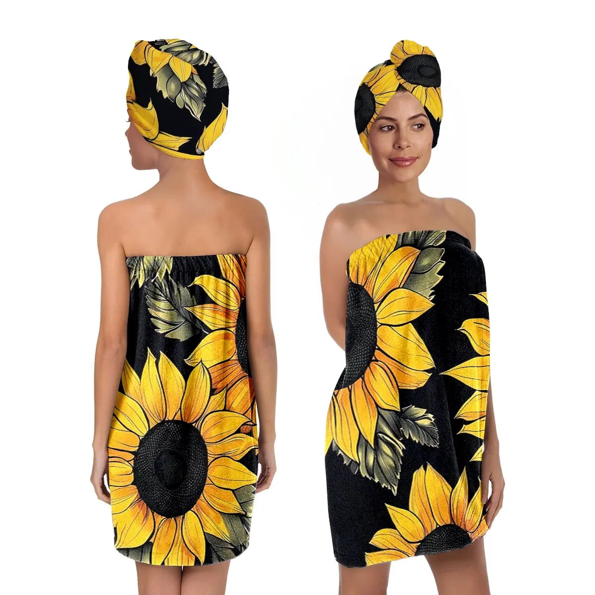 1pc/2pcs sunflower black background print, dry hair hat and bath skirt set, a must-have for eye-catching retro bathroom,100% polyester material,suitable for women,after bathing, water-absorbing hair wrap in spa and swimming pool, give her luxurious gifts