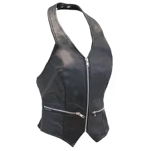 Zip Front Black Leather Halter Vest #LH5231ZK (XS-XL)