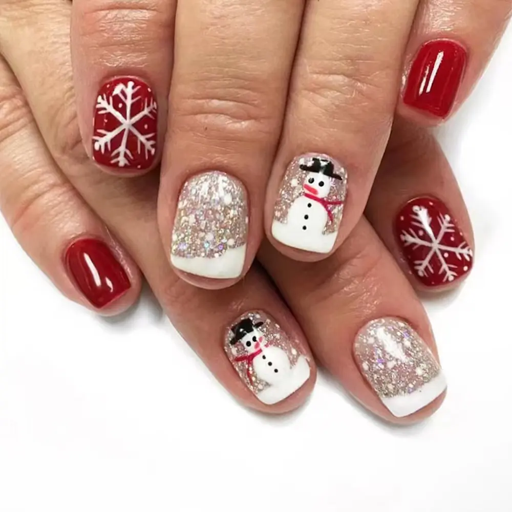 24-Piece Christmas Nail Set, 4 Trendy Designs (, Snowflake, Snowman, Glitter), Easy Peel-On, No Bake, High-Value Manicure Kit, Nail Art, Nail Decoration Kit