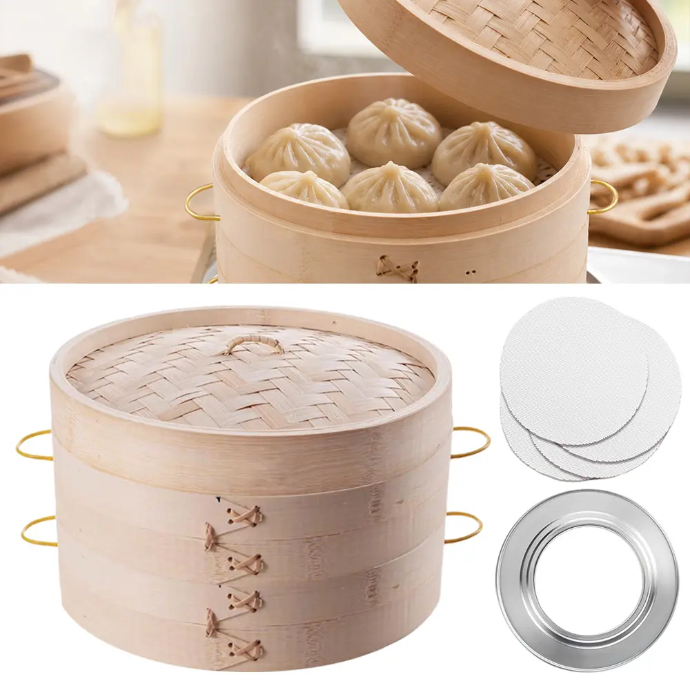 2 Tier Bamboo Steamer with Ring Adapter Silicone Liner Dumpling Steamer Bamboo Steam Basket for Dim Sum, Bao Buns, Momos, Rice