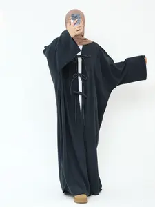 Women's Solid Color Tie Front Batwing Sleeve Open Front Abaya, Casual Long Sleeve Thickened Outerwear for Fall & Winter, Women's Islamic Clothing for Daily Wear