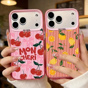 Retro Lemon & Cherry Fruit Print TPU Cellphone Protector Case - Light Silver/Pink Checkered Stripe Style 4, Protective Accessories for iPhone 11,12,13,14,15,16 Pro Max,17 Pro Max Plus,summerwins
