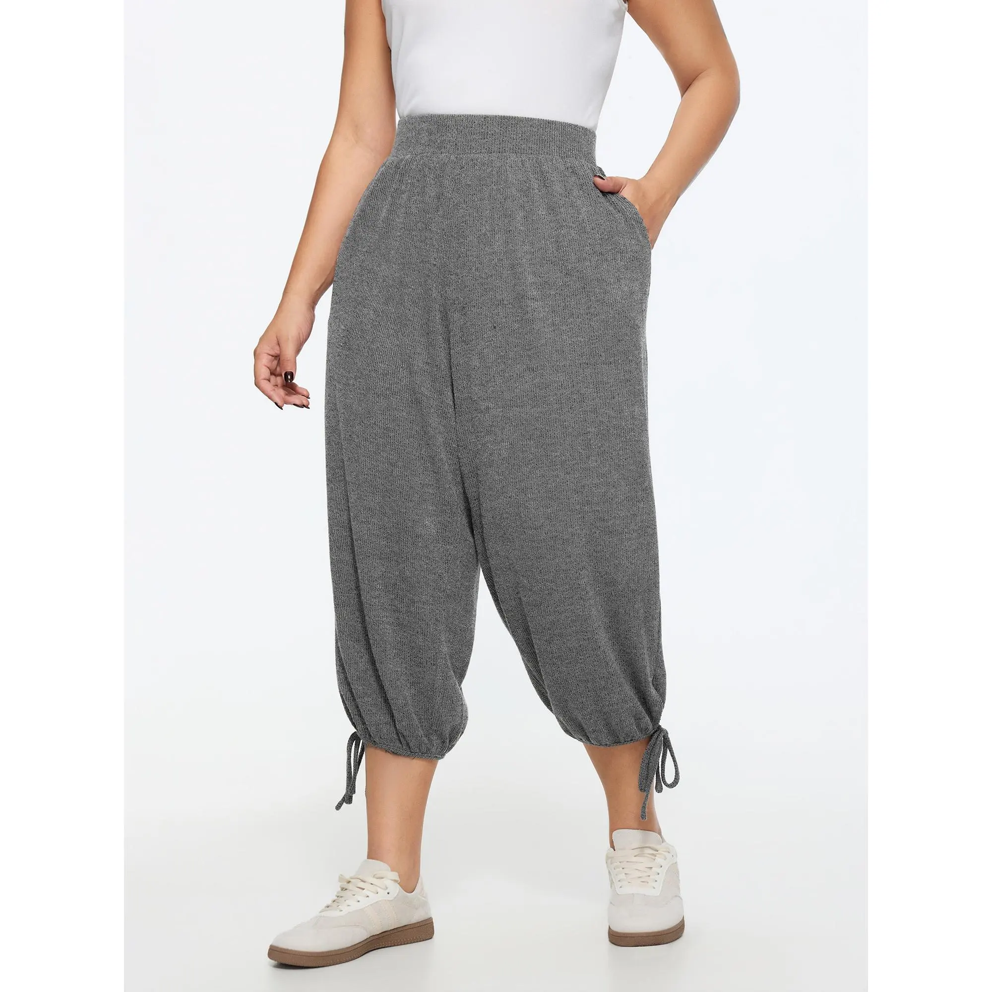 BloomChic Women's Plus Size Sporty Chic Cable Knit Capri Joggers, High Waist Stretchy Pants with Side Pockets, Summer Rayon, Hand Wash Only, Casual, Cable Knit Pants