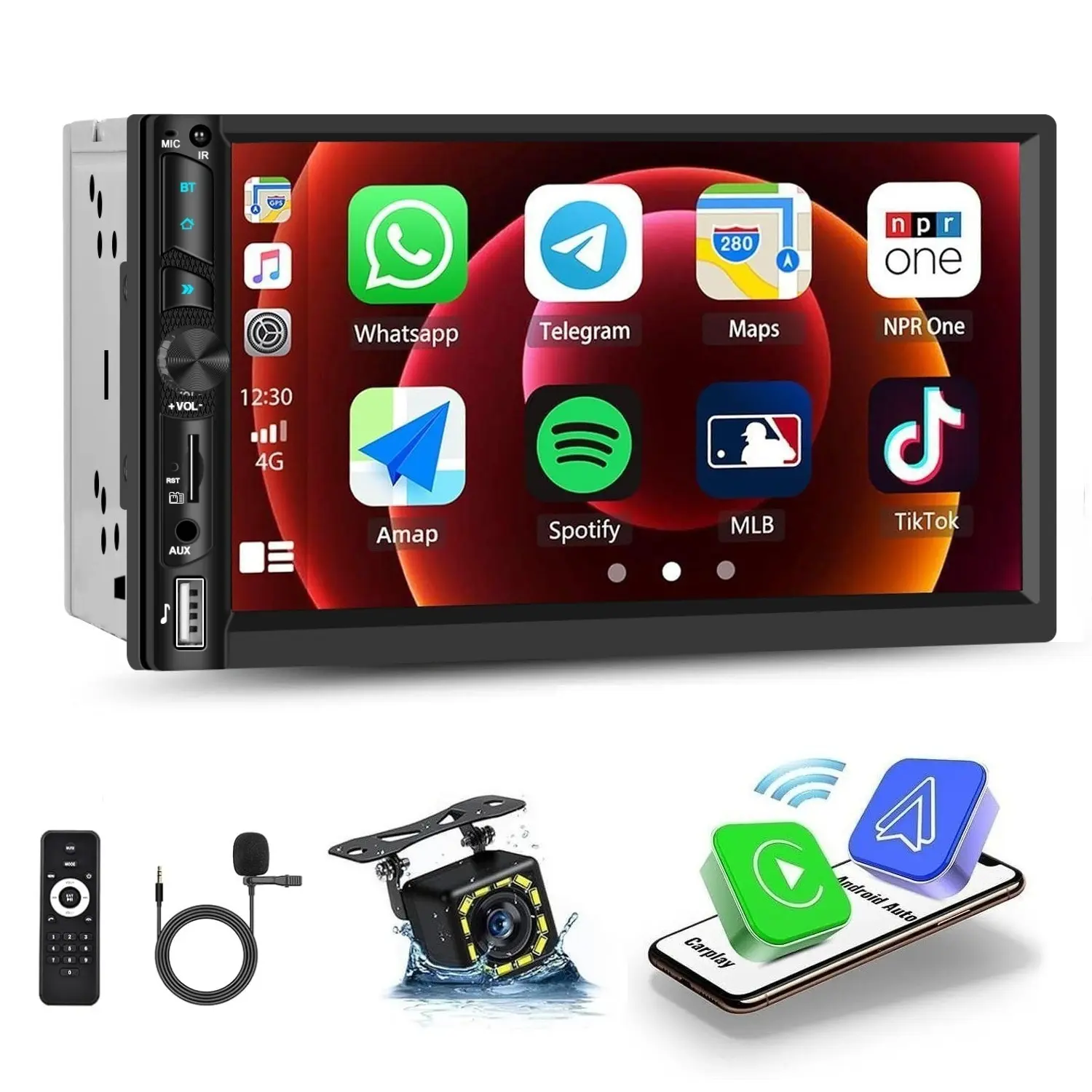 Double Din Wireless Carplay Android Auto Car Stereo, 7” IPS Touch Screen Car Audio Receiver with YouTube Video Playback, WiFi GPS FM Bluetooth Hands-Free, Mirror Link, Backup Camera, EQ, USB/AUX/SWC, MIC, Father's Day Gift,SummerVibes