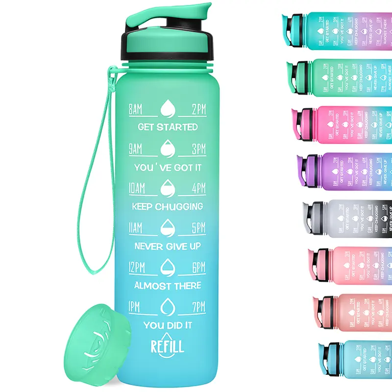 Motivational Sports Jug, 32oz BPA-Free Polypropylene Container with Time Markers and Fruit Strainer, Leak-Proof Design with Handy Carrying Strap for Workouts, Gym & Outdoor Use, Water Bottle