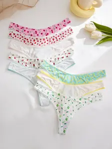 Women's Contrast Binding Fruit Printed Thong, Lady Pastel Soft Comfy Breathable Panty for Daily Wear, Underwear for Women, Underwear for All Seasons, Soft Breathable Panties