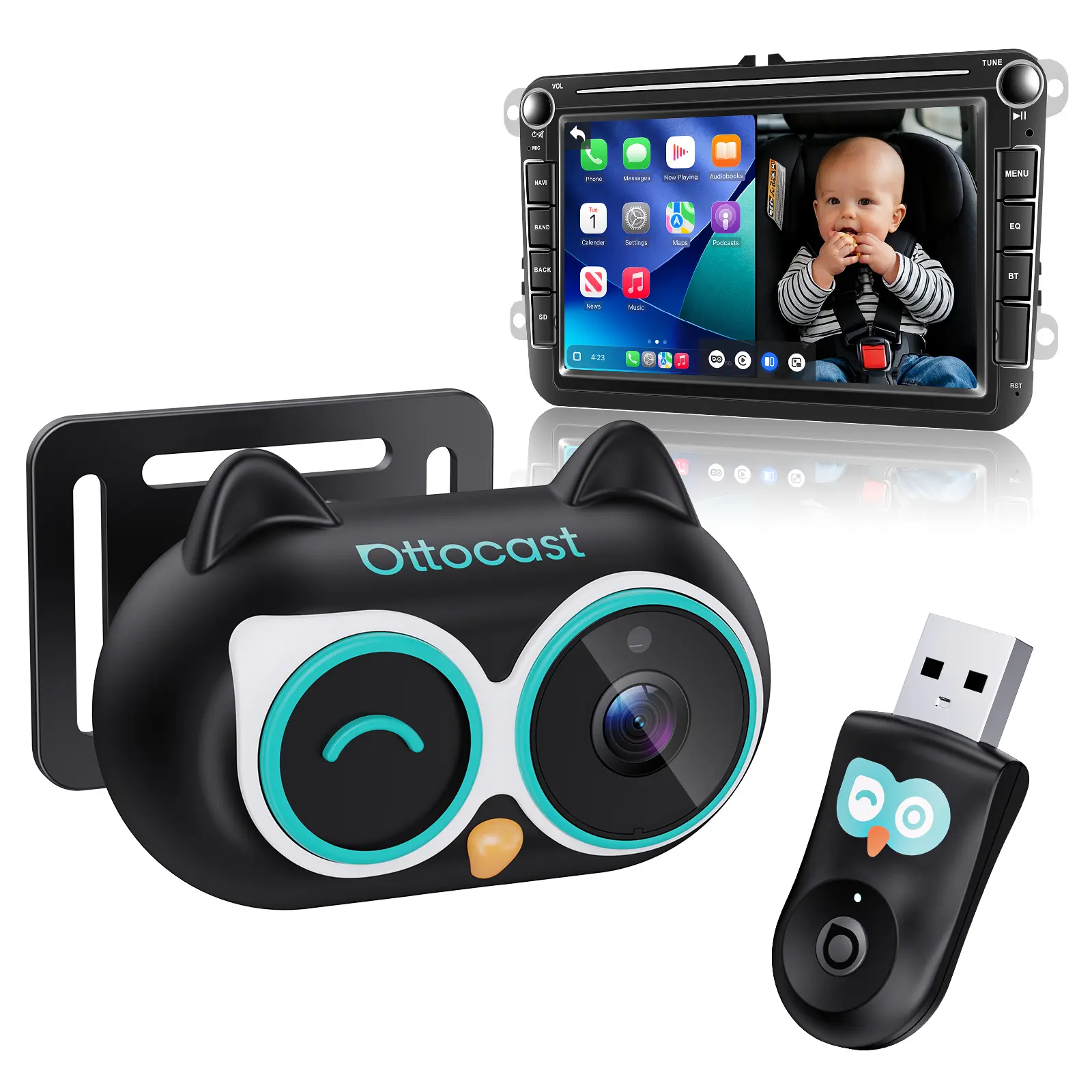 OTTOCAST Baby Camera for Car Wireless CarPlay Adapter, 1080P HD Car Screen Display Rear Seat Monitor, 150° Wide Angle, No-Glow Night Vision, Safety for Kids & Infants