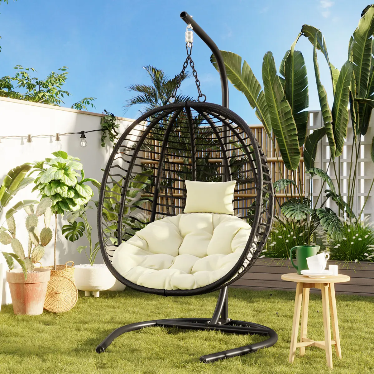[Bellemave]U_Style Single Person Folding Egg Chair with Stand, Hanging Egg Chair Indoor Outdoor, Wicker Hammock Swing Chair with Adjustable Anti-Slip Feet,Suitable for Balcony, Bedroom,Garden