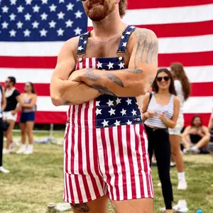 American Flag Denim Bib Shorts Overalls for Adults, Comfortable Stretch Summer Denim Outfit for Independence Day and Outdoor Events