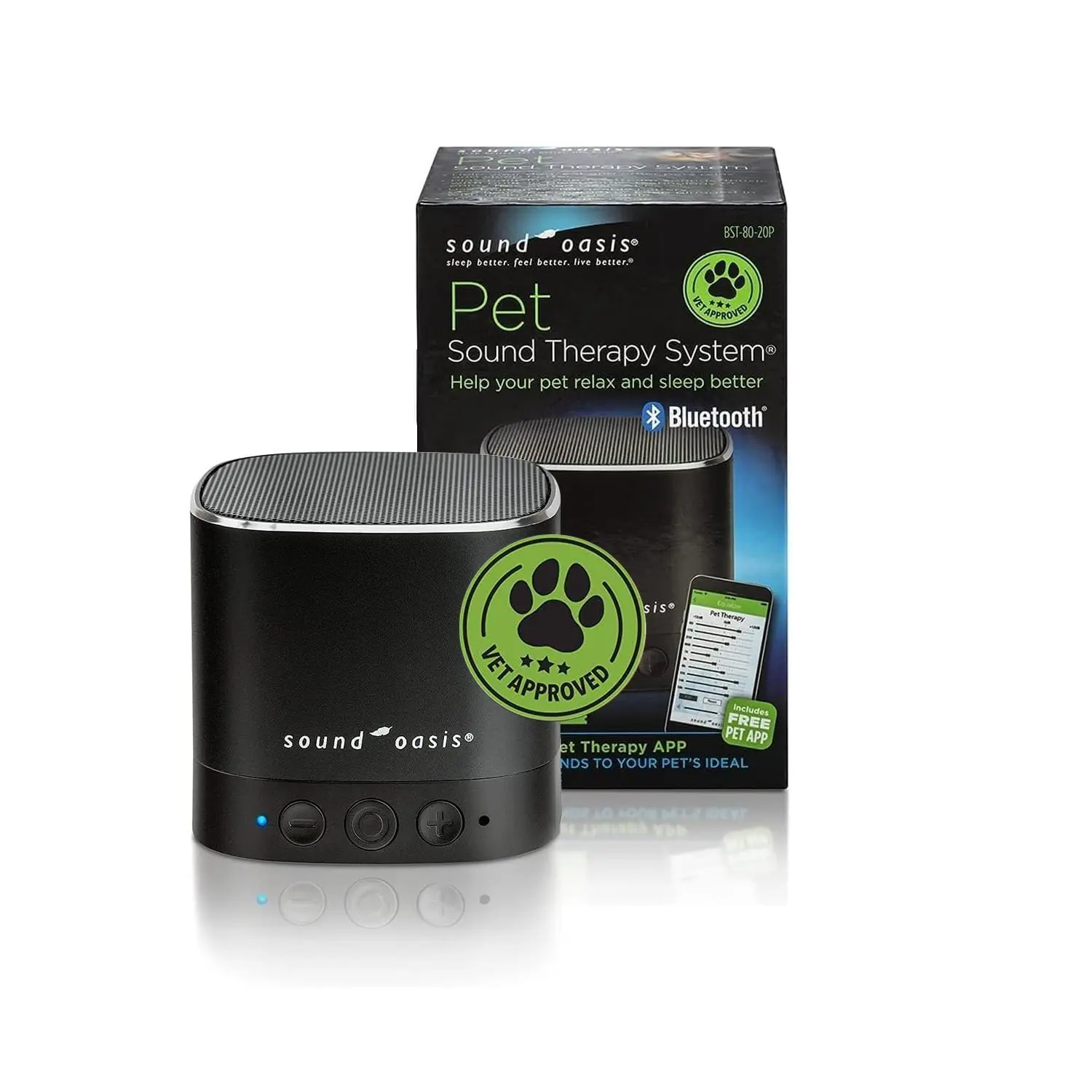 Sound Oasis Pet Bluetooth Sound Machine with 20 calming sounds by doctors to soothe pets, relieve anxiety, stress, and help dogs and cats sleep