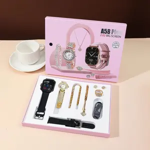 2026 Smart Watch Women's Watch Set Golden Jewelry Earrings Bracelet with Diamond Sport Smartwatch 7 in 1 Set Gift  Call Sports Fitness Waterproof Smartwatch A58 Plus