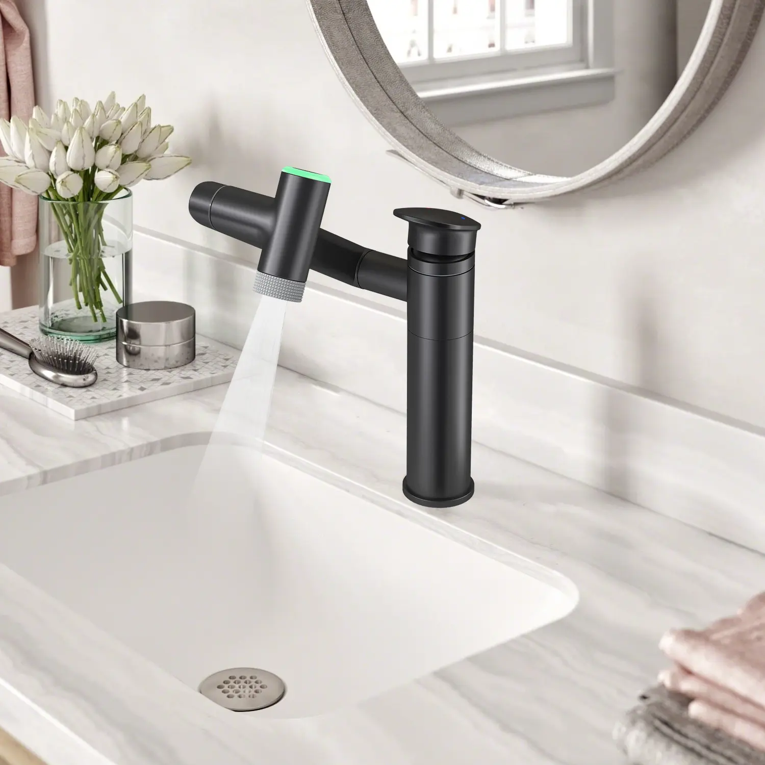 Single Hole Solid Brass Bathroom Vanity Faucet (Black, Chrome) - 1080° Omnidirectional Rotation, Foldable, Easy Installation, Height-Adjustable Single Handle, 2 Water Outlet Modes, Rust-Resistant, Temperature Display, ABS Bar Faucet for Standard Bathrooms