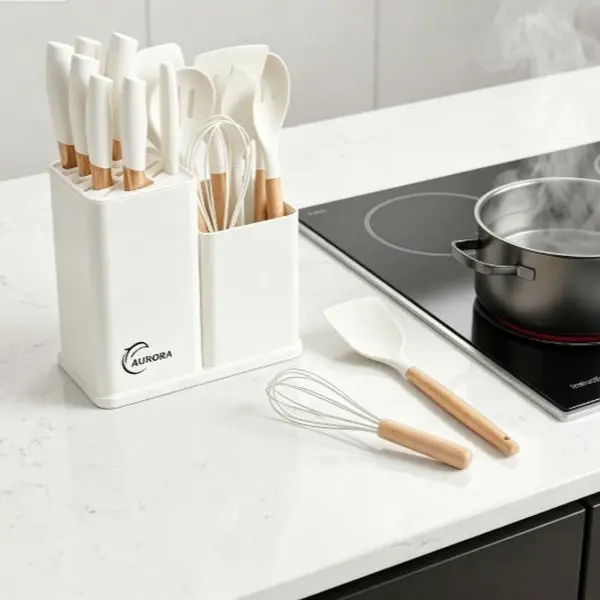2026 Holiday BBQ Essential Kitchen Knife Set, 19-piece kitchen set including heat-resistant silicone cutlery, 6 sharp knives, 2 cutting boards, rectangular and round kitchen utensils, white wooden cutlery, kitchenware and wooden kitchenware. Block
