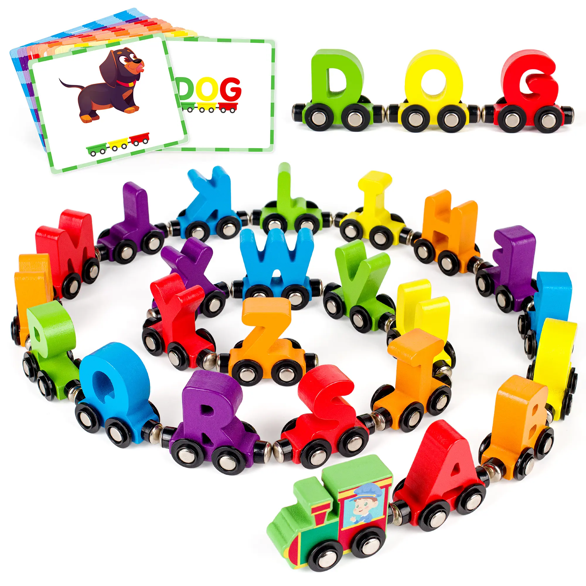 Vanmor 27 PCS Magnetic Wooden Alphabet Train Sets | ABC Letter Learning Toy Trains with 42 PCS Flash Cards, 1 Engine, 1 Storage Bag | Toddlers Kids Boys Girls Educational Toys，tamagotchi cart Play
