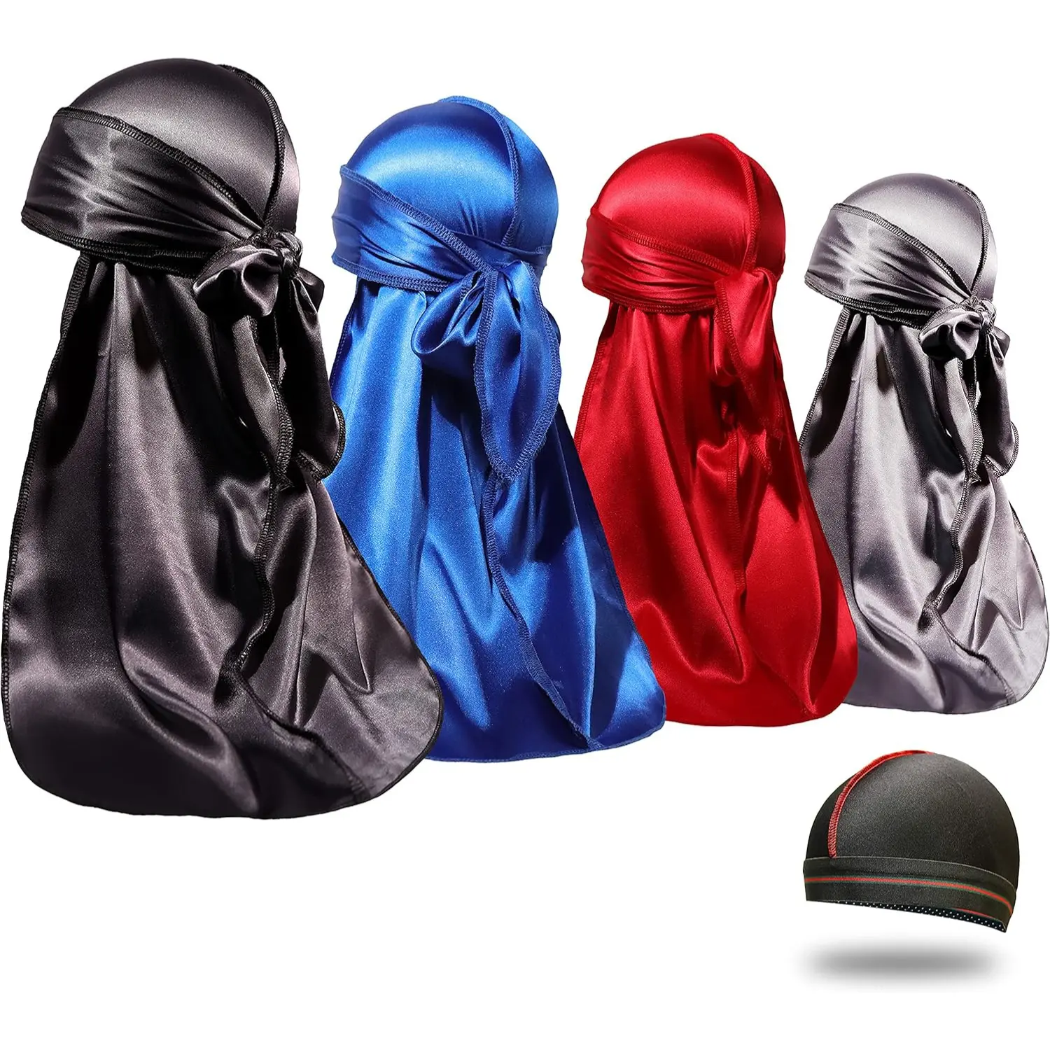 Silky Satin Durags 4-Pack with Wave Cap for Style & Convenience, Unisex Breathable Headwear for Men & Women with Extra-Long Tails for 360 Waves, Unisex (Men & Women), Fitted, Stretch, Functionality, All Seasons, Extra Tail, Secure Wrap, Lightweight, Every