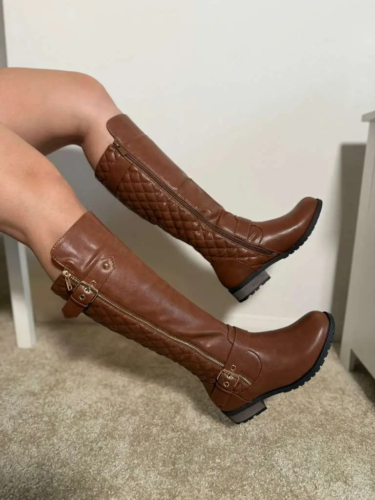 Forever Mango Women's Brown Quilted Knee-High Boots with Zipper and Buckle Detail Comfortable and Stylish