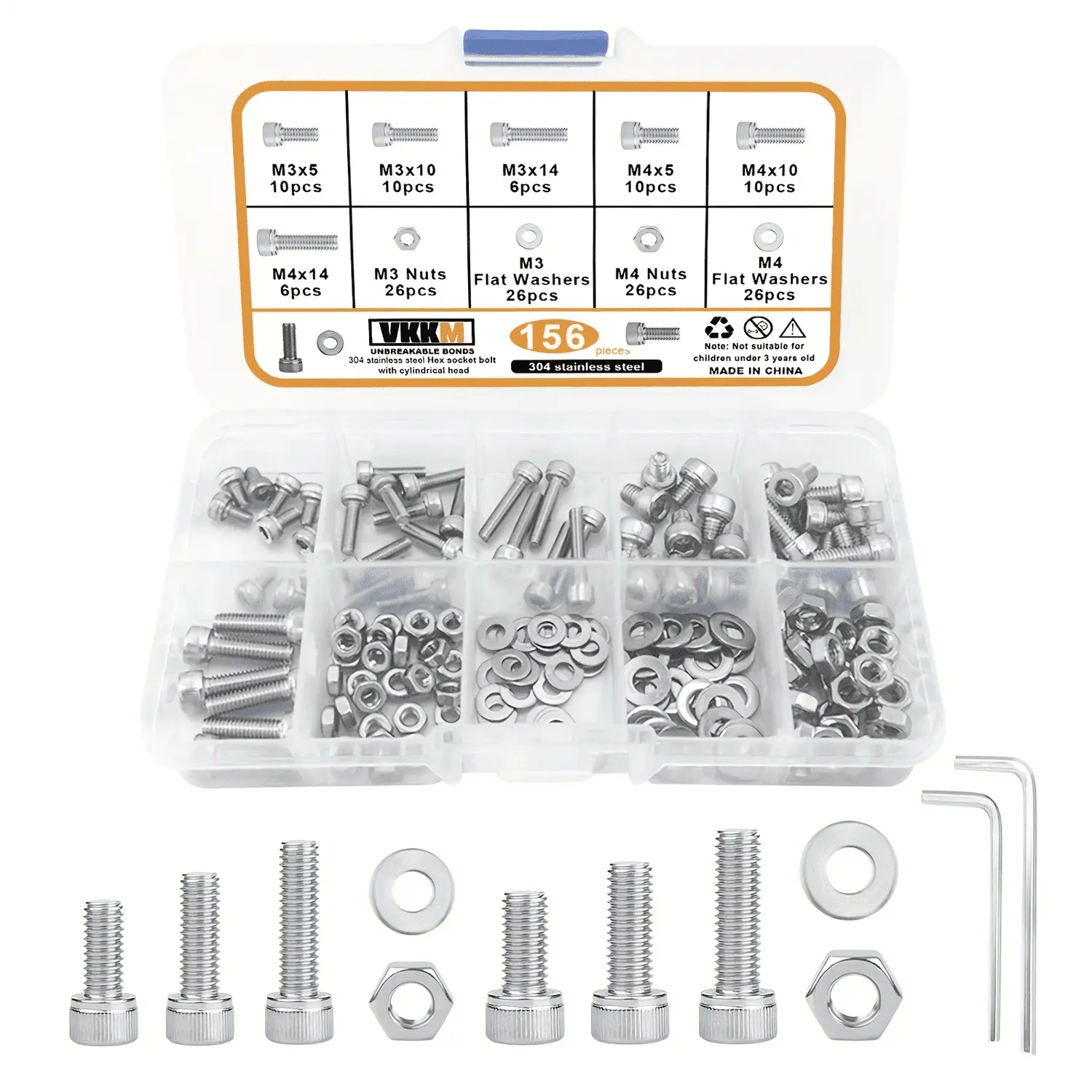 VKKM 156-Piece Stainless Steel Socket Head Cap Screws Kit, M3-M4 Metric Threads Allen Bolts with Nuts, Flat Washers, 2 Allen Wrenches, Rust Resistant for DIY Enthusiasts, Machinery Repair