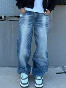 Men's New Streetwear Simple Style Solid Loose Straight Jeans Jogging Trousers for Men's Casual Denim Pants