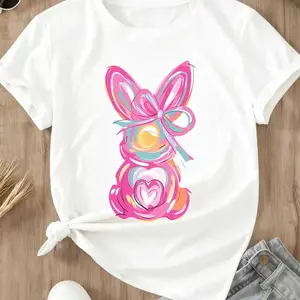 Women’s Easter Bunny T-Shirt, White Bunny with Pink Bow and Colorful Swirls, Spring Holiday Shirt - EVA RAMOS