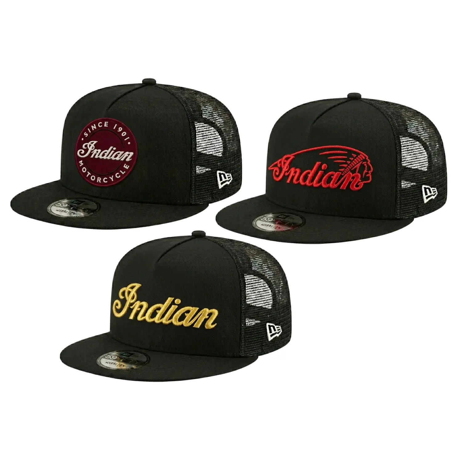 Vintage 1901 Motorcycle Heritage Embroidered Black Trucker Hat, Native Chief Style Mesh Snapback Cap with Flat Brim, Retro Biker Streetwear Headwear for Men, Road Rider Gift, Garage Style Hat, Casual Outdoor Everyday Cap