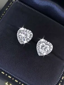 1 Pair Pure Silvery Hypoallergenic Cubic Zirconia Earrings, Shiny Love Synthetic Earrings, New Style Elegant and Chic Small to Medium High-End Versatile Earrings, Daily Wear, Gift for Vacation and Birthday, Studs