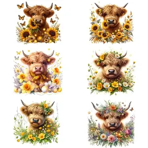Highland Cow Sunflower Pattern Iron-on Heat Transfer Vinyl Decals, 6 Counts/set Craft Embellishments DIY Washable T-shirt Patches for Clothing Decoration, DIY Decorations