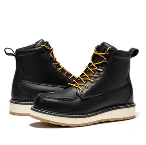 ROCKROOSTER Black Steel Toe Work Boots for Men - Closed Moc Toe, Slip-Resistant Rubber Outsole, ASTM Safety Certified, CoolMAX & Full Grain Leather