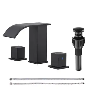 WOWOW Waterfall Bathroom Faucet 3 Hole: 8 Inch Widespread Bathroom Faucet Matte Black, Modern 2 Handles Bathroom Sink Faucet with Pop Up Drain