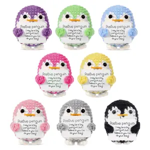 Cute Penguin Design Crochet Ornament Figurine, 1 Count Creative Desktop Decoration with Positive Card, Pastel Home Decor for Living Room Bedroom Office