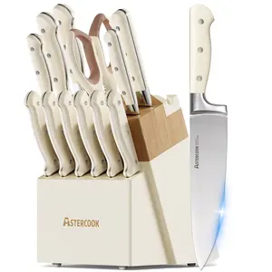 Astercook Kitchen Knife Set with Block, 14 Pcs Luxurious High Carbon German Stainless Steel Knives Set with Full Tang Ergonomic Handle, Dishwasher Safe Knife Set with Sharpening Rod