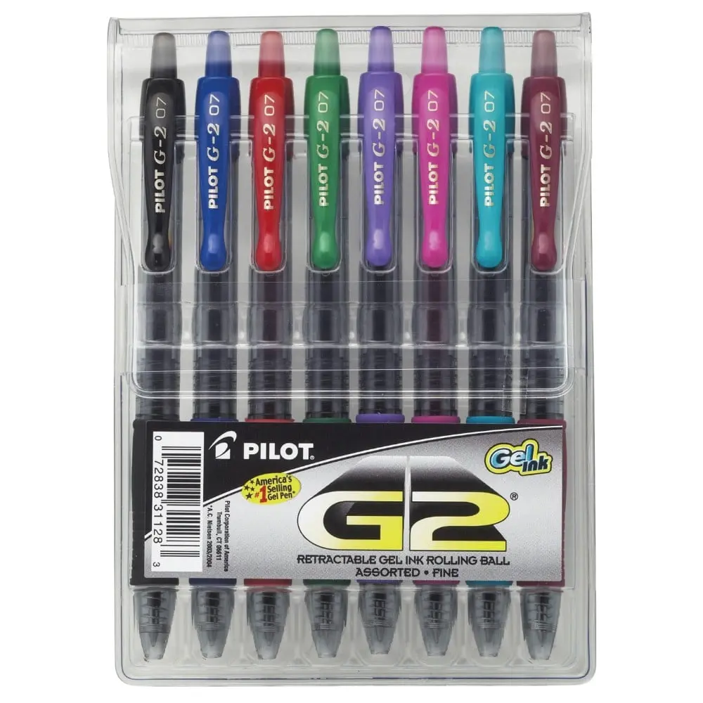 PILOT G-2 Retractable Water Resistant Gel Roller Ball Pen, Fine Tip, Assorted Color, Pack Of 8