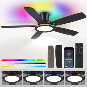 Flush Mount Ceiling Fan with RGB Light  52In Black Ceiling Fan Light with Reversible Mute, LED 3CCT Dimmable, Low Profile Ceiling Fans for Indoor, Party, Covered Outdoor