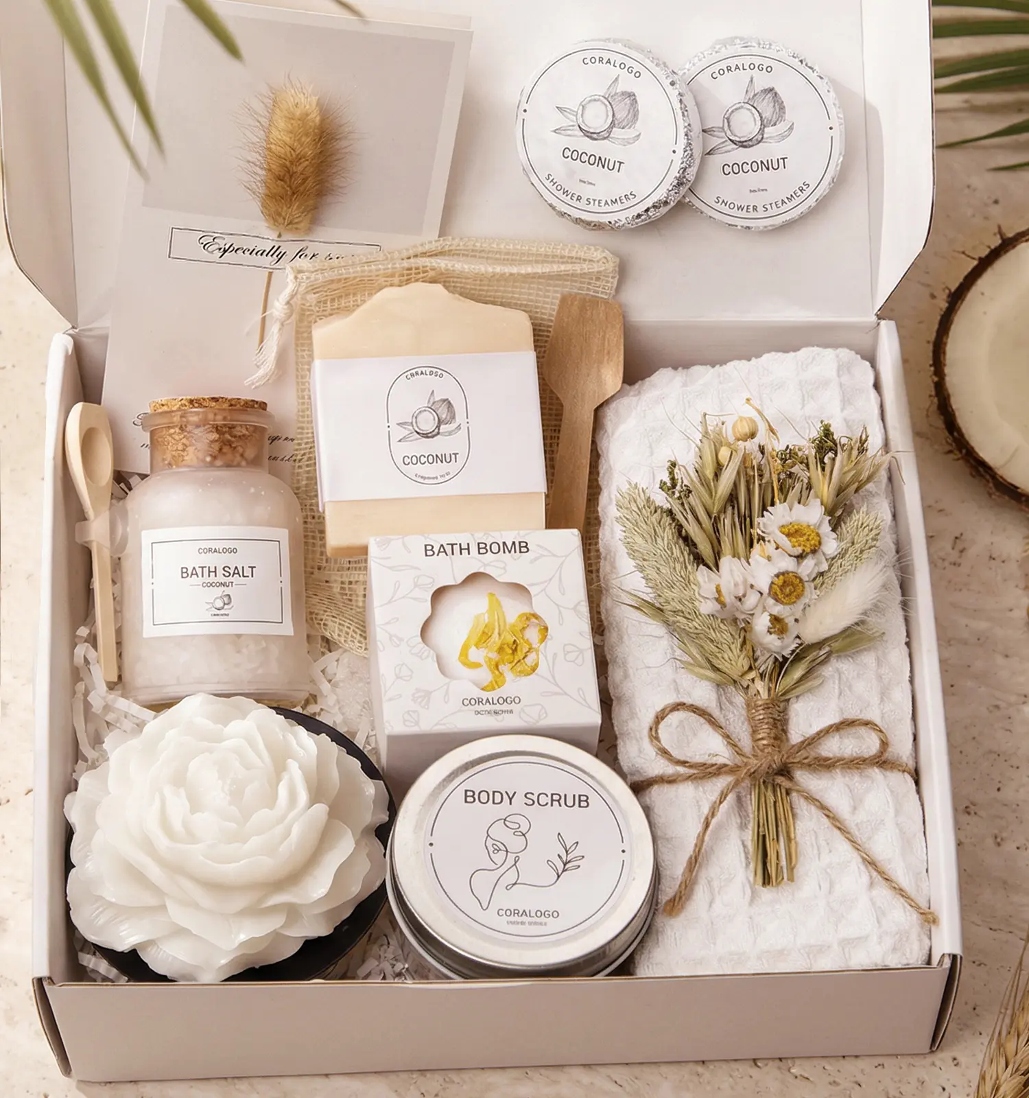 Coralogo Coconut Spa Gift Basket for Women – 12PC Self-Care Set with Bath Salt & Greeting Card, Relaxing Pampering for Her, Wife, Mom, Birthday or Thinking of You