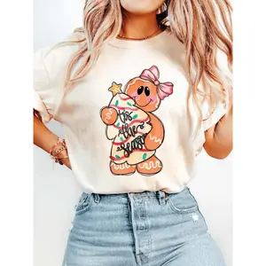 Unisex Gingerbread and Candy Cane Holiday Graphic T shirt for Men and Women Soft Round Neck Short Sleeve Casual Party Outfit