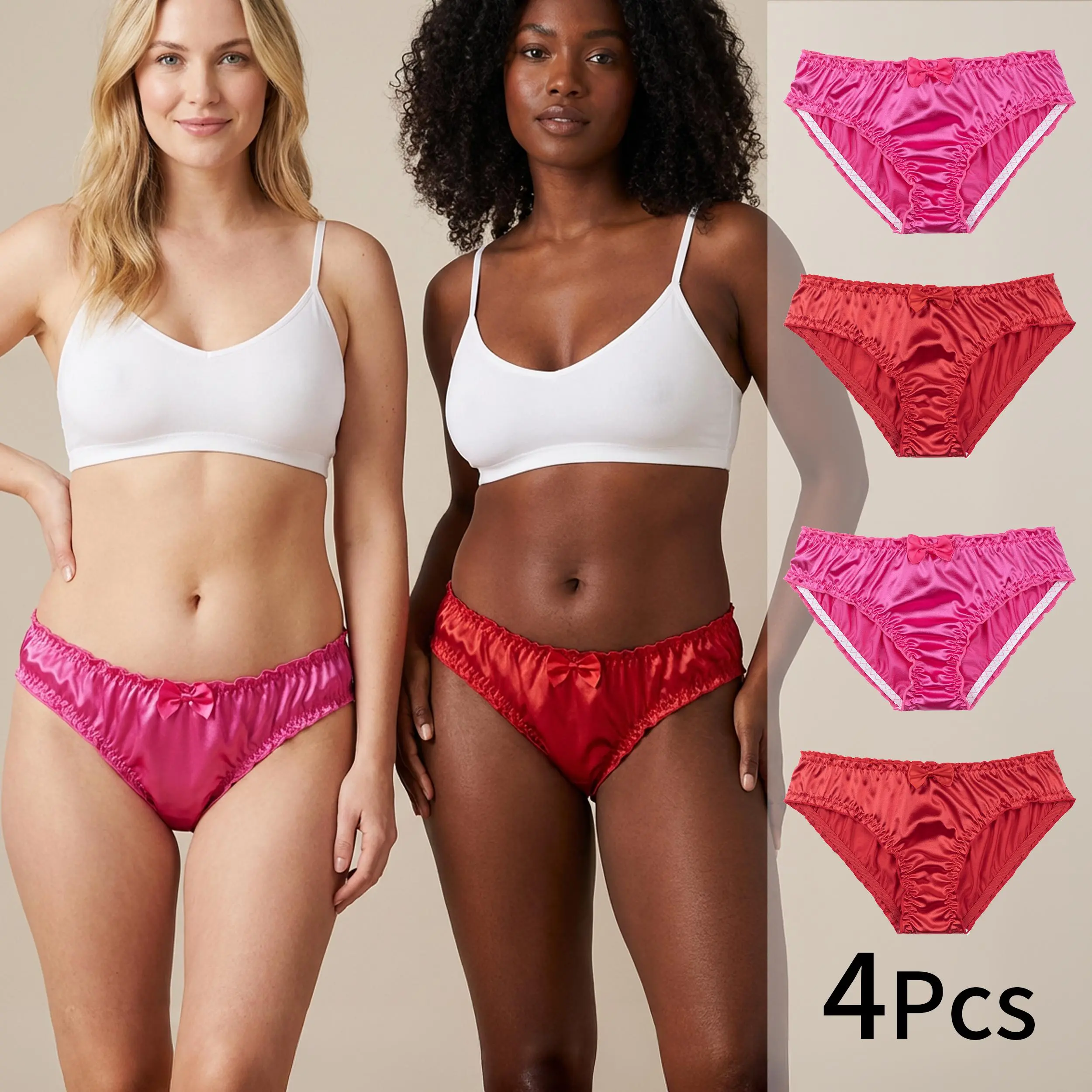 Women's Panties 4-Pack, Ruffled Lace and Satin Briefs with Elegant Bow Accents, Soft Lightweight Everyday Underwear, Lady, Elegance, Foldable, 4-Pcs, Casual, Comfortable, Plain, Mid Waist, Sexy, Cute, Wrinkles, 2Pcs Brightly Colored Panties With Bows