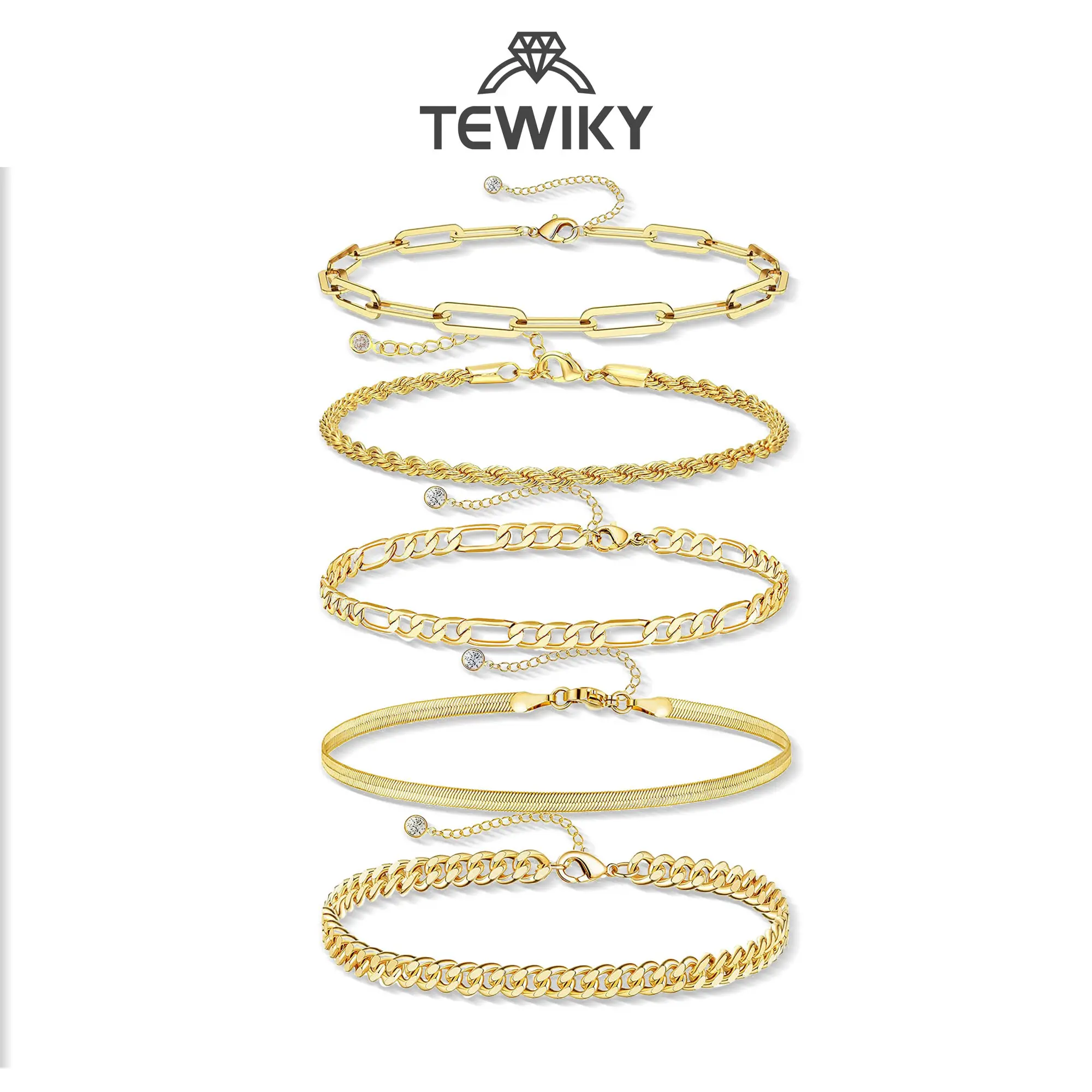 Tewiky 14K Gold Plated Waterproof Bracelets for Women Jewelry Sets Trendy Thin Dainty Stackable Cuban Link Paperclip Chain Bracelet Pack Fashion Accessories Gifts  Maximalist Jewelry