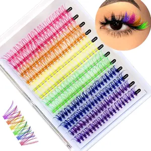 Colored Lash Clusters, Fake Eyelash Extension Kit, DIY 6 Colors Individual Anime Lashes, Colored False Eye Lashes Kit for Beginners, 14/16mm D Curl Extensions Red, Purple, Green（240pcs)（No Glue）