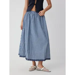 Cider High Rise Gingham Lace Trim A-line Maxi Skirt
