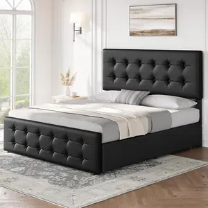 Gaomon Full Size Bed Frame - Faux Leather Upholstered Platform Bed Frame with 4 Storage Drawers, Button Tufted Headboard, Wooden Slats Support, No Box Spring Needed, Black, Full Size Bed Frames