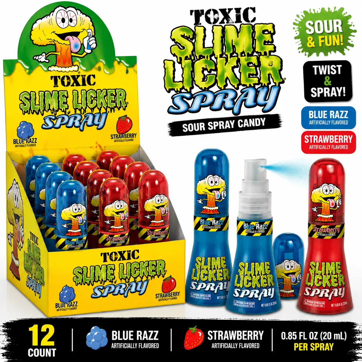 Toxic Slime Licker Spray Sour Candy Blue Razz & Strawberry 12 Count  Sour Liquid Candy Spray | Fun Party Treats & Candy Challenges