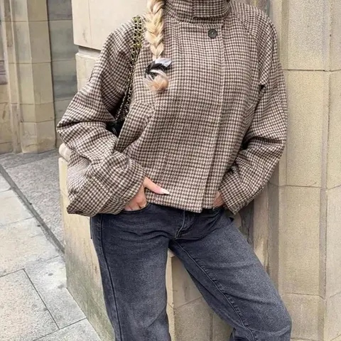 Women's Plaid Houndstooth High Neck Coat, Elegant Button Front Winter Top, Casual Loose Fit Outerwear for Fall, Stylish Ladies' Jacket
