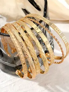 7-Piece set Women's Gold Bangle Set – 14K Gold-Plated Stackable Open Cuffs & Classic Embossed Designs, Minimalist Layering Jewelry, Fashion Bracelets, Perfect Gift For Her, Suitable For Women's Everyday And Vacation Outfits, Stackable Bracelets