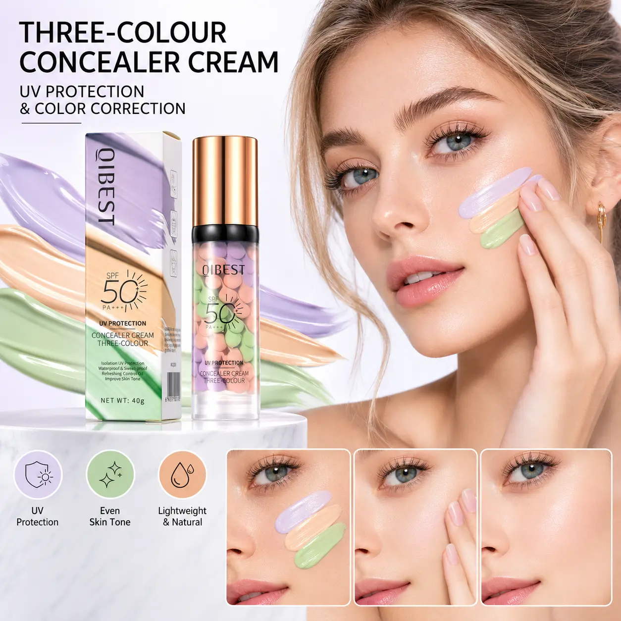 3-In-1 Color Correcting Primer SPF 50, Brightening Oil Control Moisturizer Cream, Long-Lasting Makeup Base for Flawless Skin Tone