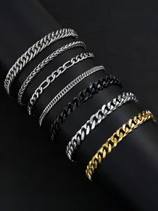 7-Piece Stainless Steel Men's Bracelet Set, Bracelet Bundle, Link Bracelets, Bracelet Jewelry, Fashion Streetwear Hip-Hop Simple Cuban Chain, Daily Party Gift for Boyfriend Son Birthday Father's Day