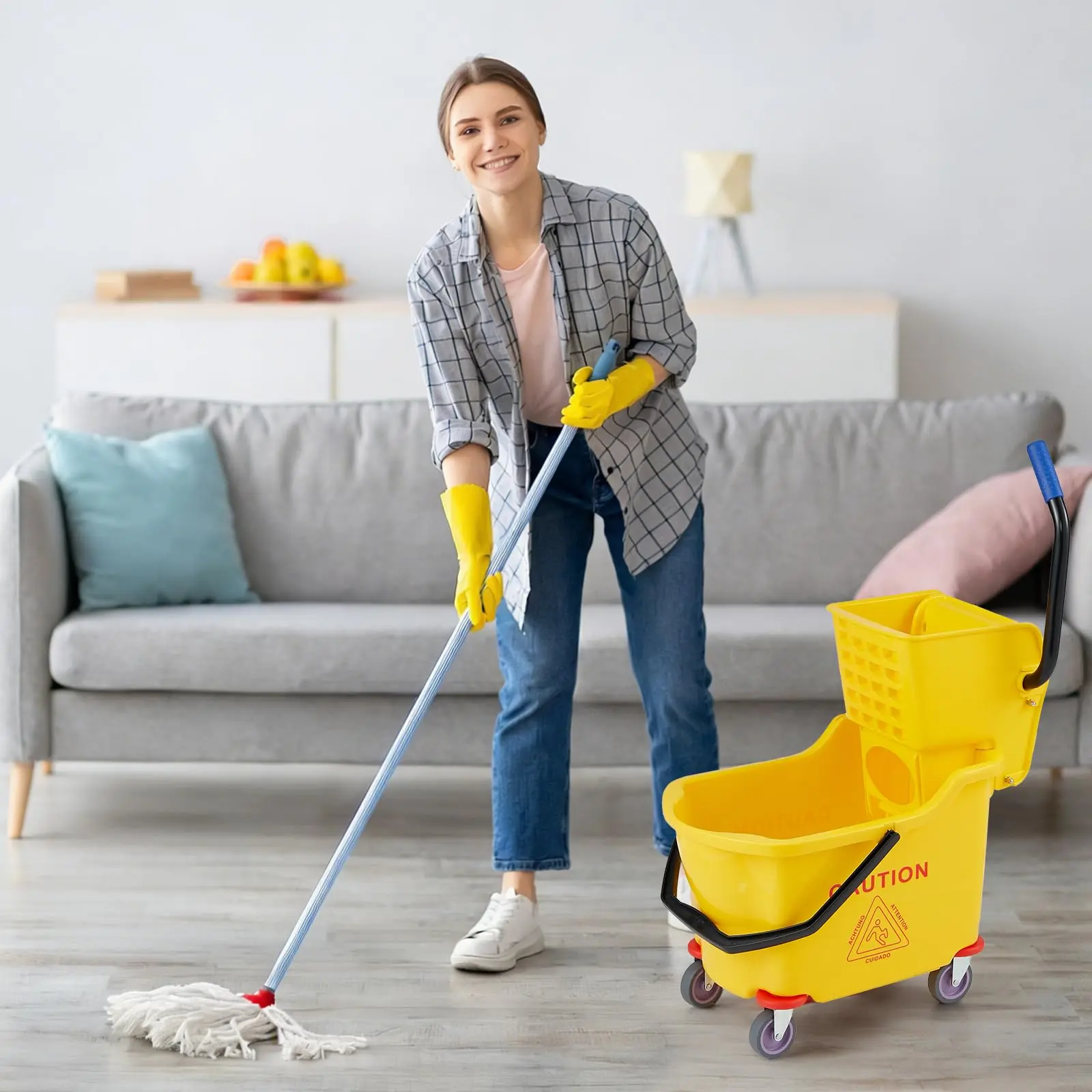 Garvee Upgraded-Heavy Duty 32L Commercial Mop Bucket Set Double Bucket System, Side Press Wringer & Rolling Wheels High Capacity Industrial Mop Bucket for Janitorial, Restaurant, Office & School Floor Cleaning Durable, Ergonomic