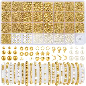 Funtopia Spacer Beads for Jewelry Making, 2500Pcs Gold Round Beads for Bracelets, 4mm 6mm 8mm Spacer Loose Ball Bead Star Pearls Letter Bead for DIY Bracelet Jewelry Making Craft
