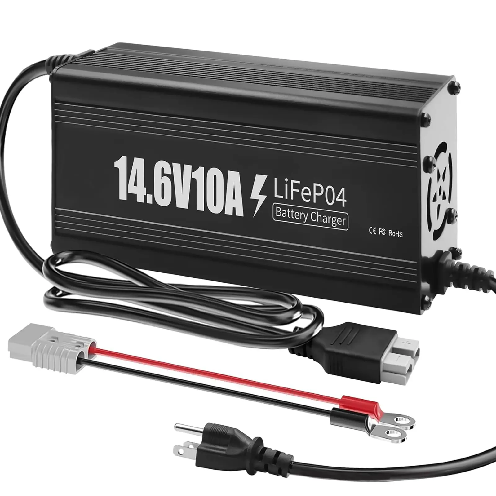 12V 10A Automotive LiFePO4 Battery Charger Unit - 14.6V Rapidly Charge Deep Cycle Charger with Premium Aluminum Alloy Housing, Cooling Fan, 0V Activation, M8 Terminals, Over-Voltage Protection, Anderson Connector for Boat, RVs, Golf Cart
