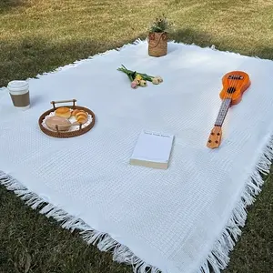 1pc Machine Washable Polyester Lightweight White Braided Picnic Mat - Tassel Edges, Moisture-Proof Ground Cover, Camping Accessory for Outdoor Picnics, Beach Trips