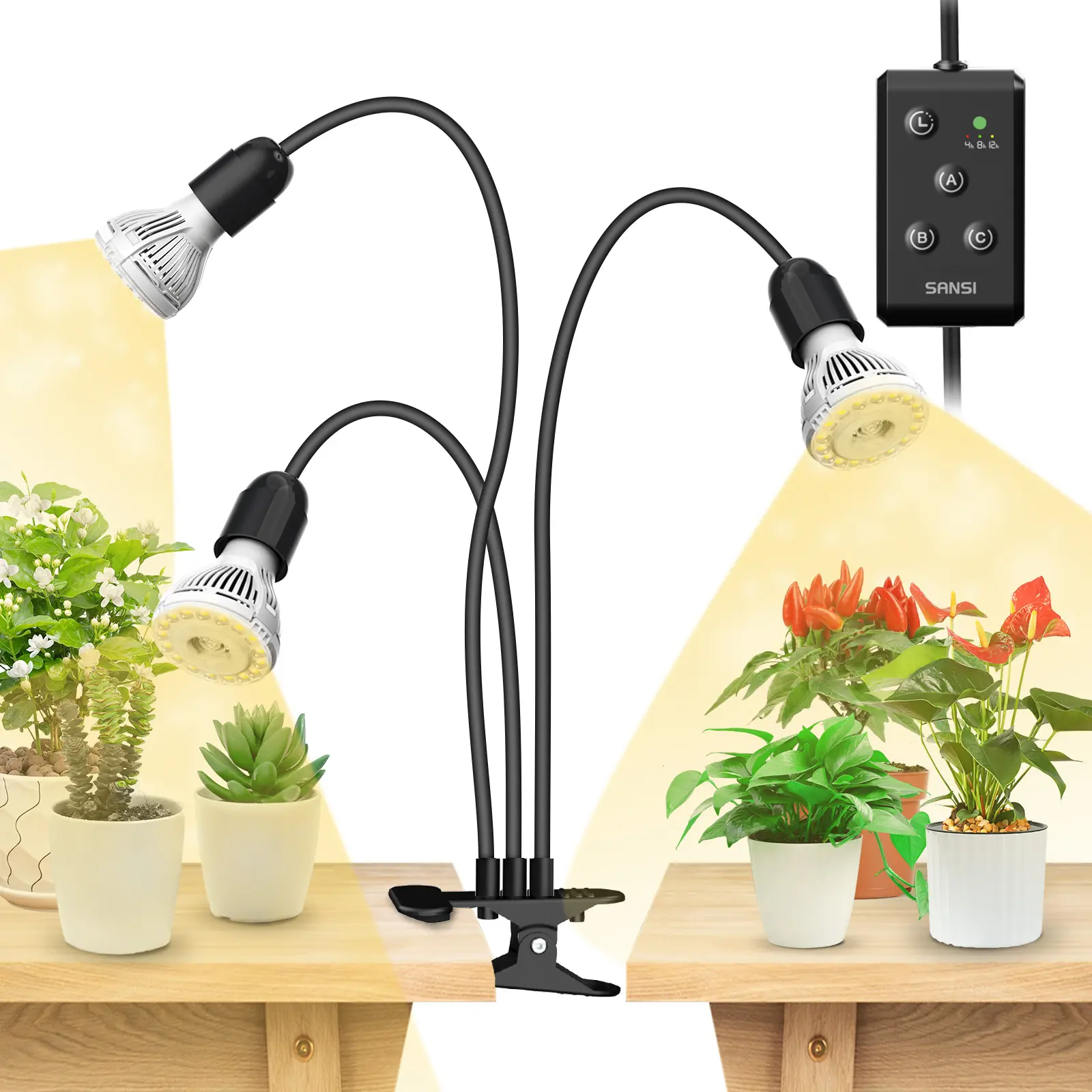 SANSI LED Grow Lights for Indoor Plants & Garden, 450W Equivalent Full Spectrum 3-Head Gooseneck Plant Lighting Solutions, Ceramic Tech Clip-On Lamp with 30W Power, Optical Lens, Lifetime Free Bulb Replacement